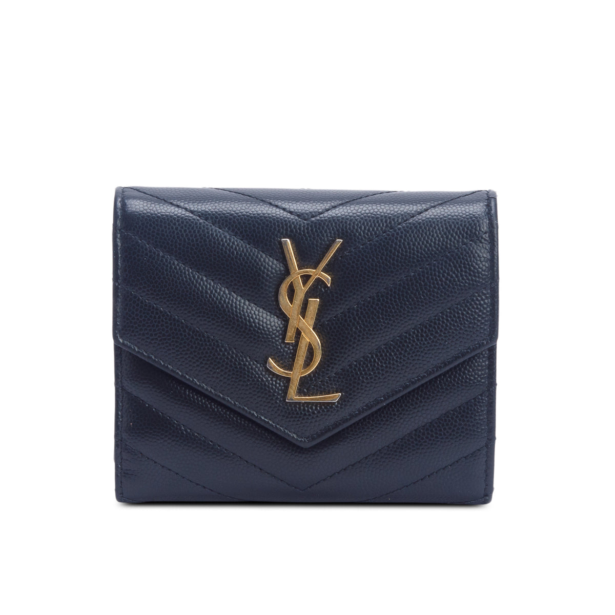 Saint Laurent Black 2021 Grain de Poudre Leather Matelasse Cassandre Compact Tri-Fold Wallet