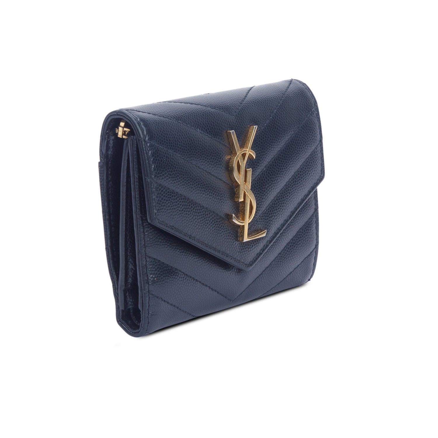 Saint Laurent Black 2021 Grain de Poudre Leather Matelasse Cassandre Compact Tri-Fold Wallet