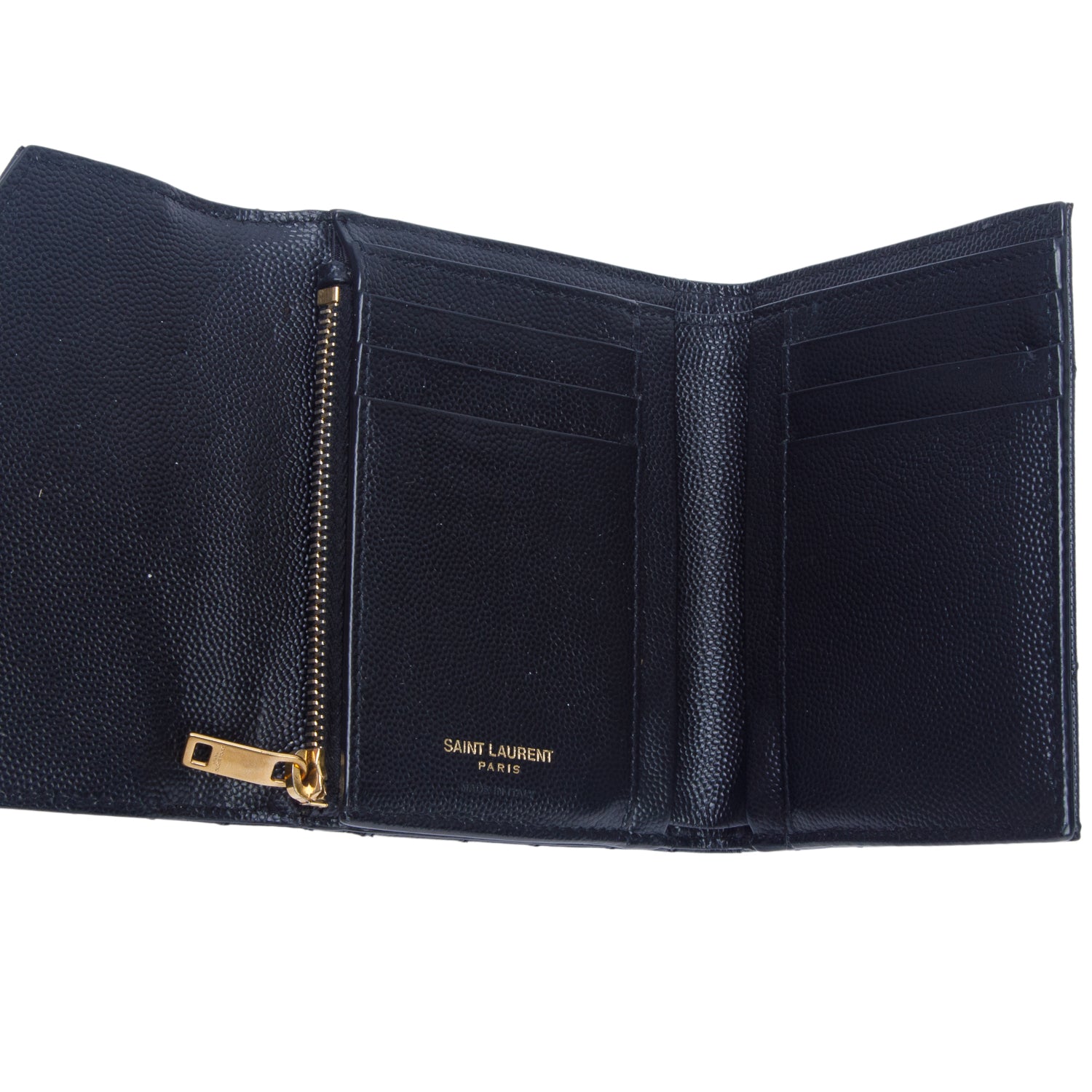 Saint Laurent Black 2021 Grain de Poudre Leather Matelasse Cassandre Compact Tri-Fold Wallet