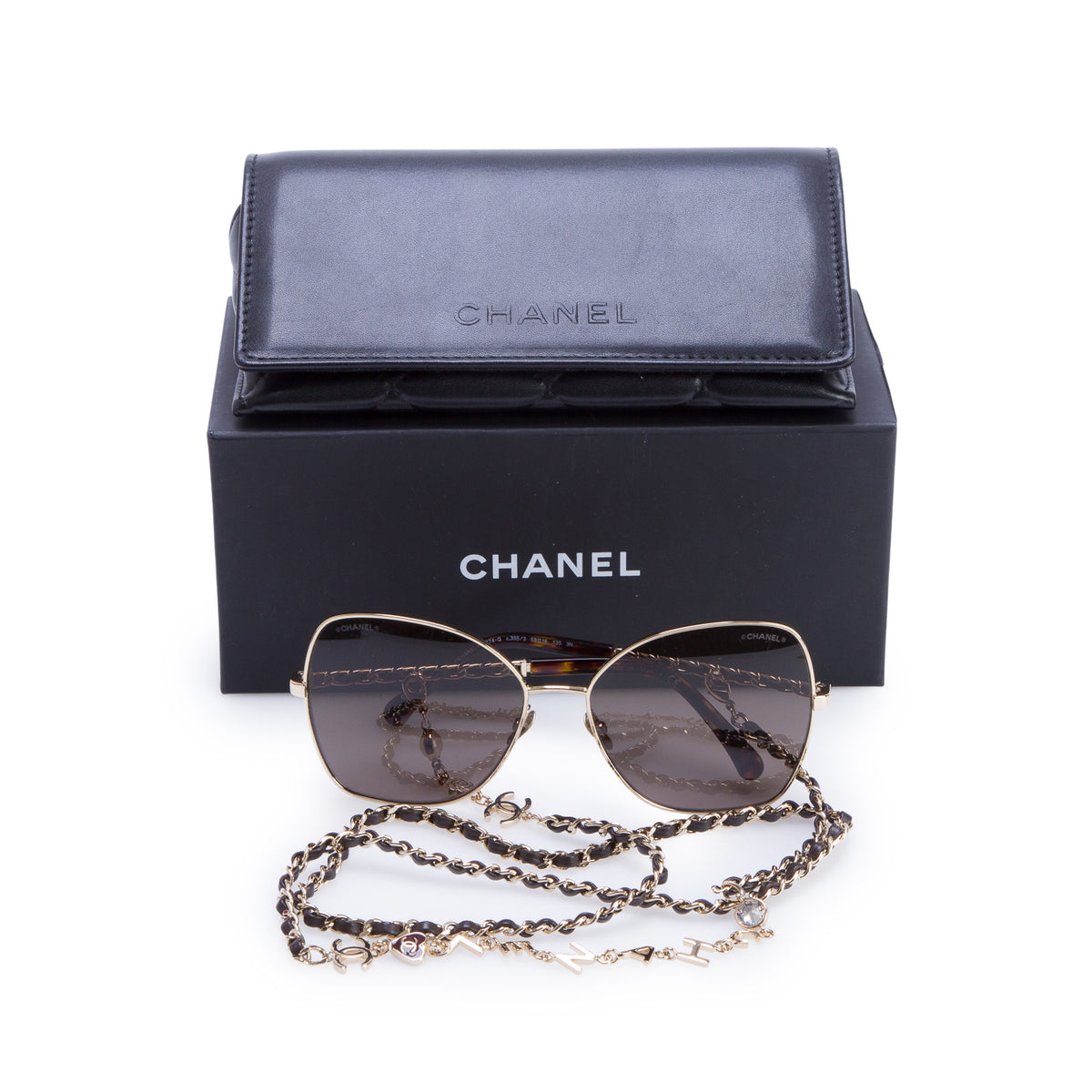 Chanel 4274-Q Gold Plated Havana Acetate Polarized Butterfly Sunglasses on Chain w/ Box & Case