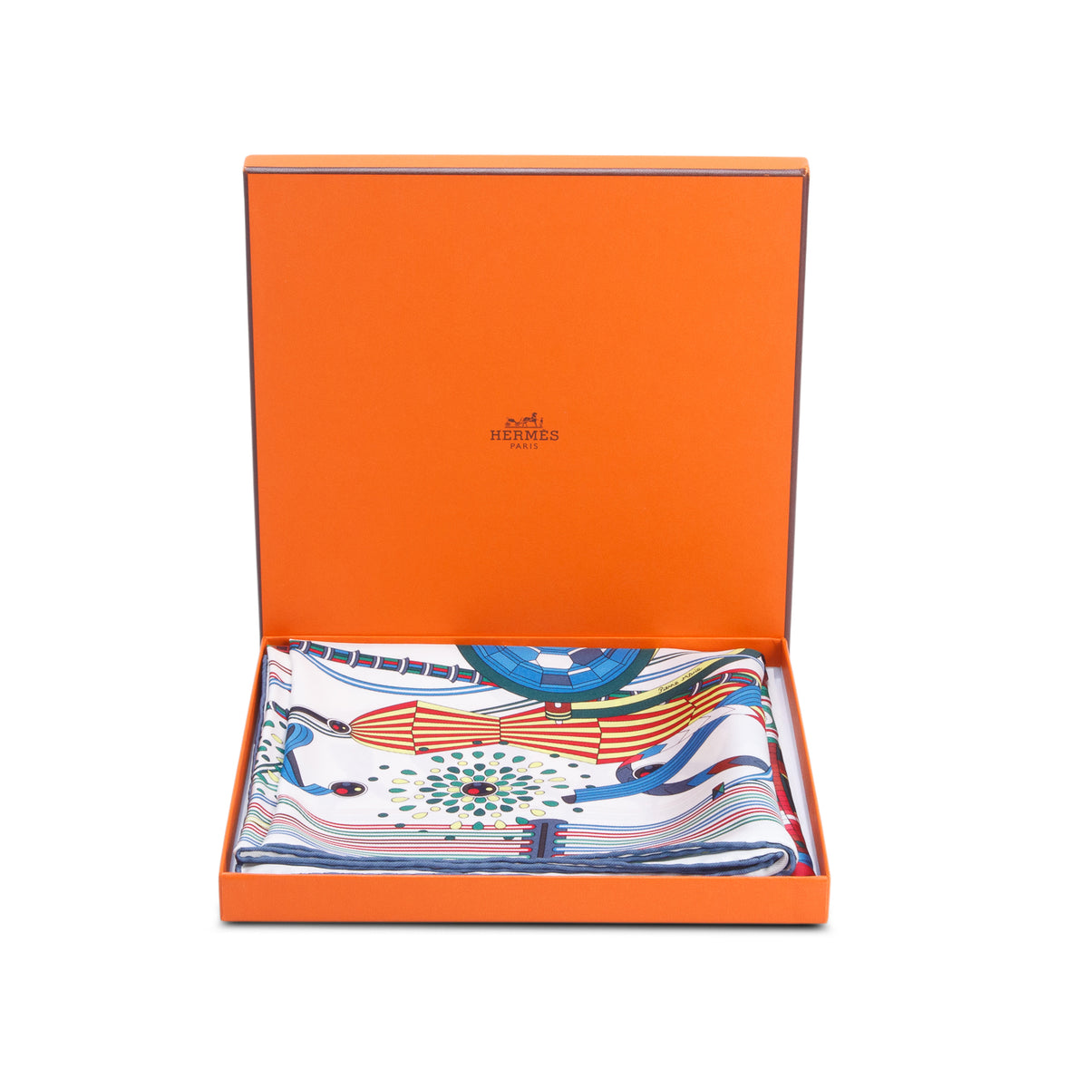 Hermes Multicolor 'Le Laboratoire Du Temps' Silk Scarf 90 w/ Box