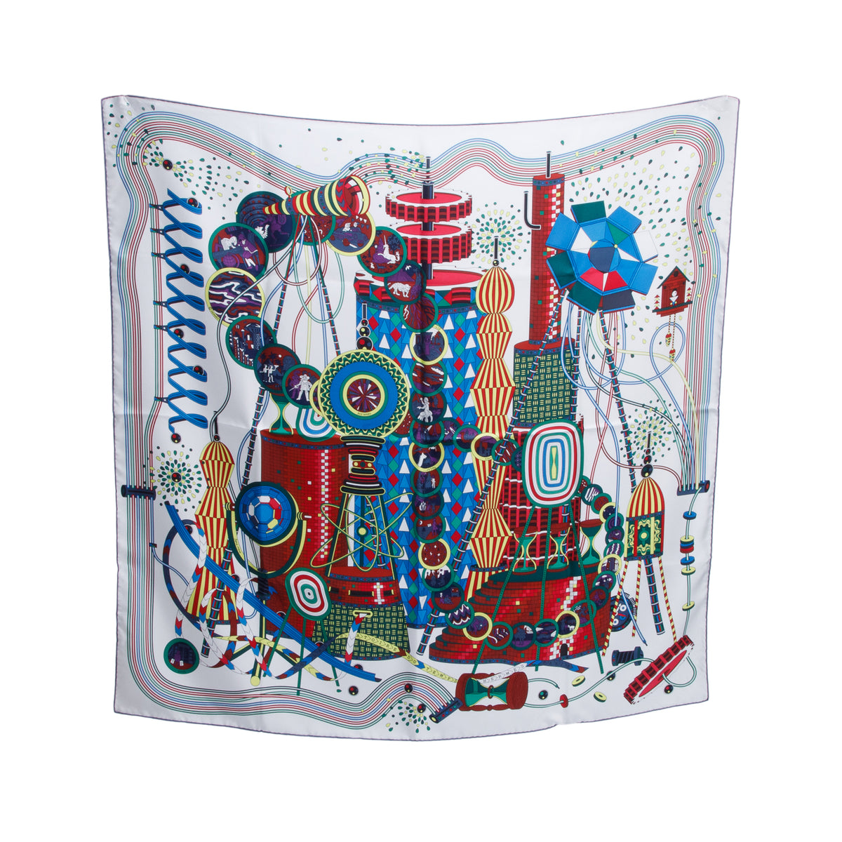 Hermes Multicolor 'Le Laboratoire Du Temps' Silk Scarf 90 w/ Box