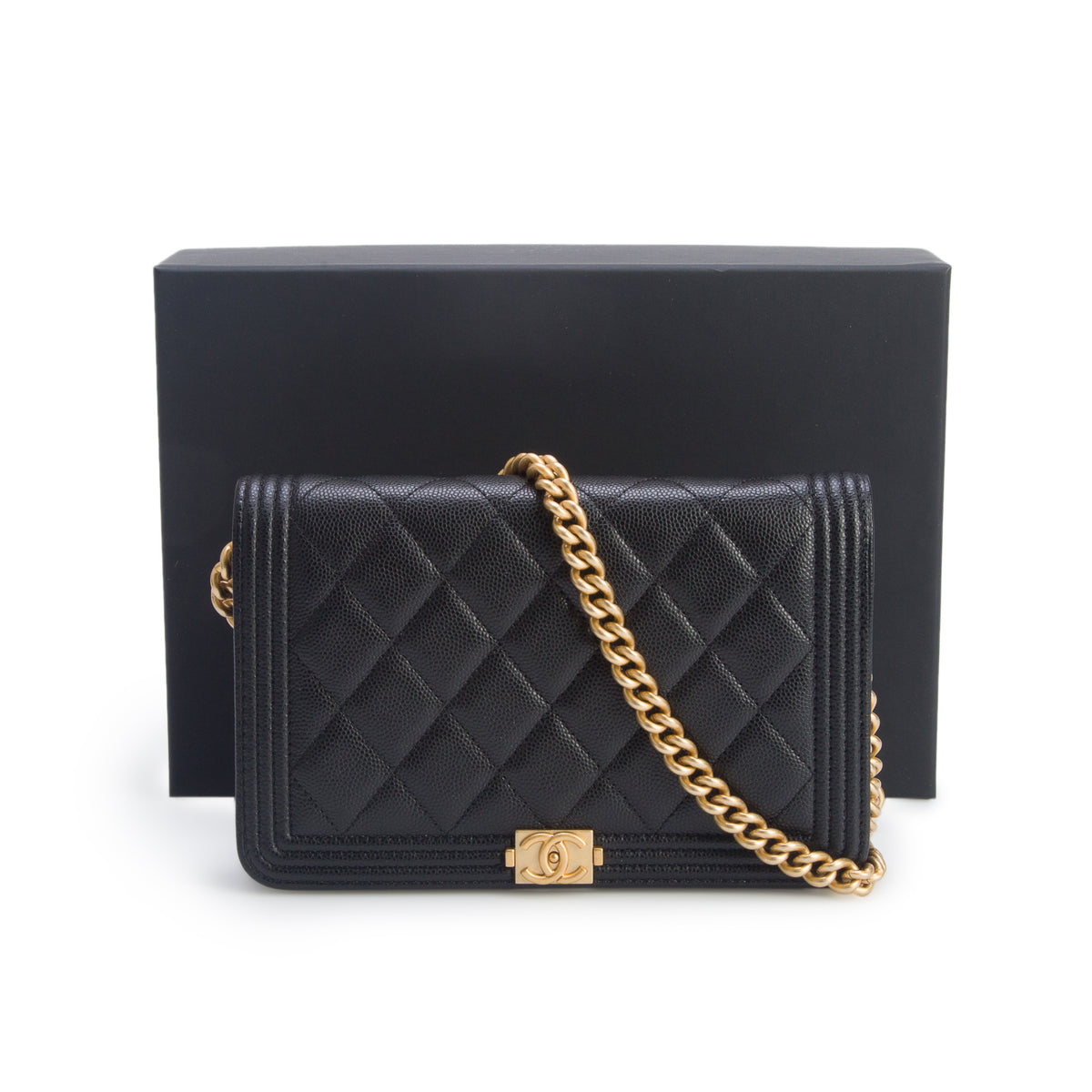 Chanel Black Caviar Leather Boy Wallet on Chain w/ Box