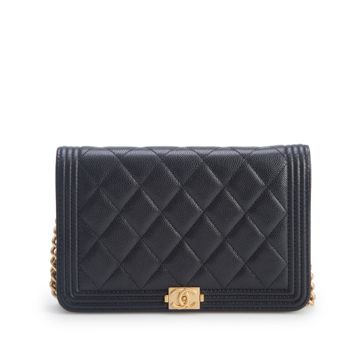 Chanel Black Caviar Leather Boy Wallet on Chain w/ Box