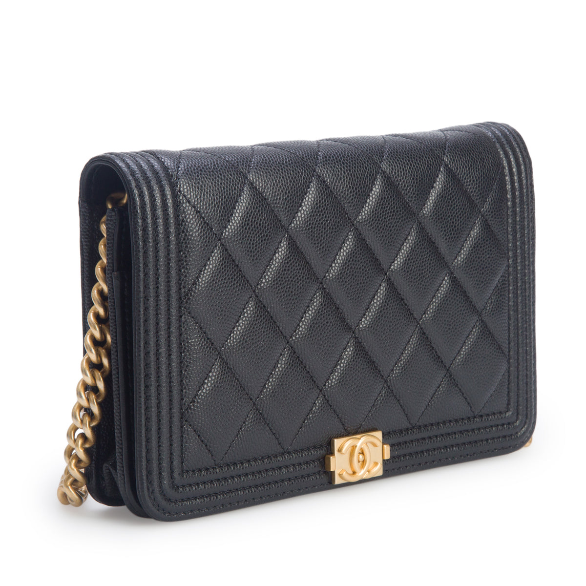 Chanel Black Caviar Leather Boy Wallet on Chain w/ Box