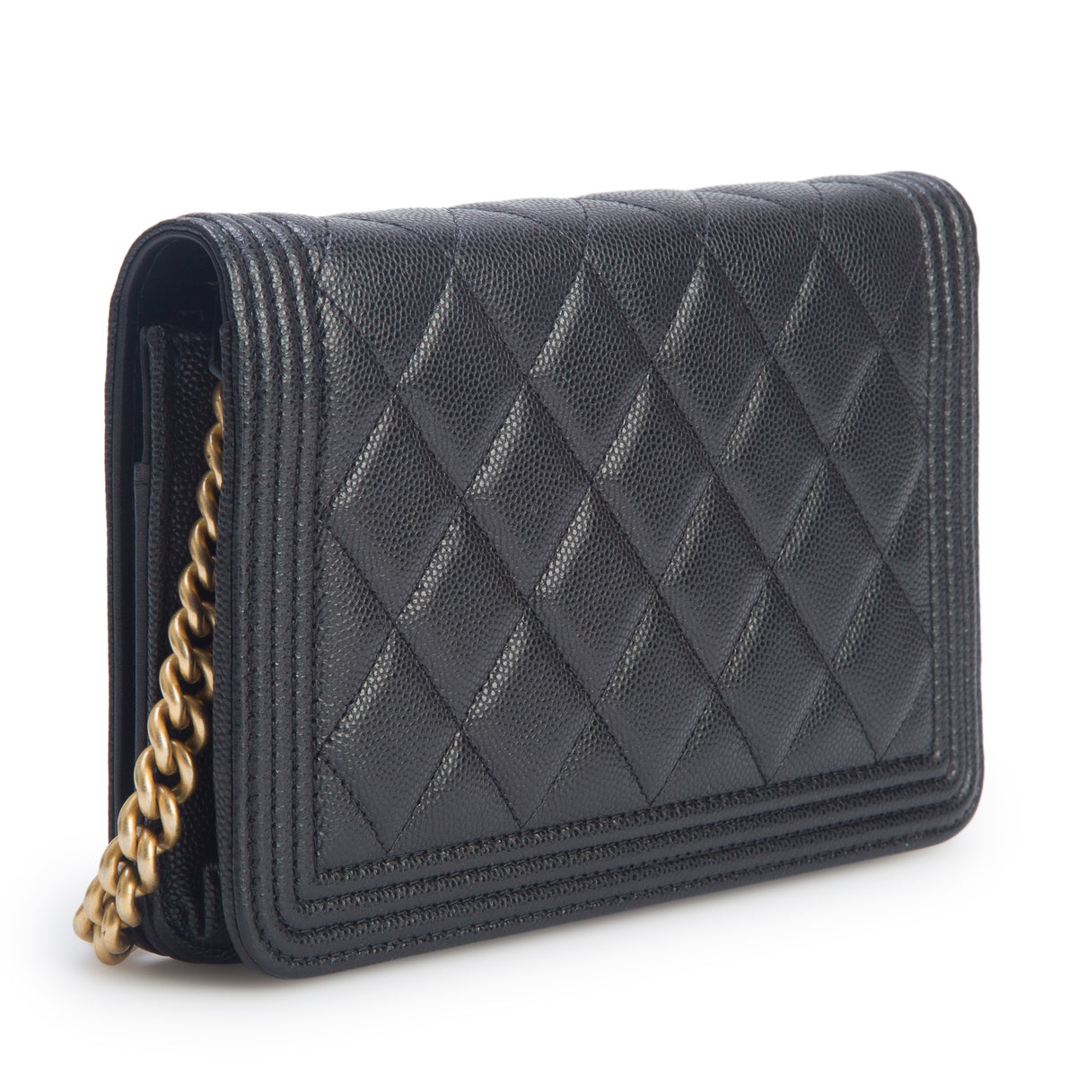 Chanel Black Caviar Leather Boy Wallet on Chain w/ Box