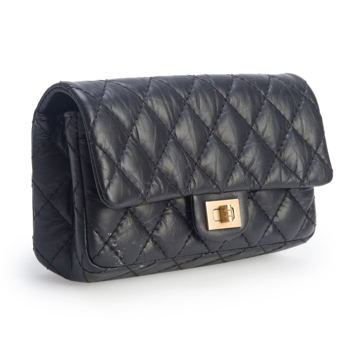 Chanel Black Aged Calfskin Quilted 2.55 Reissue Chain Waist Bag w/ Box