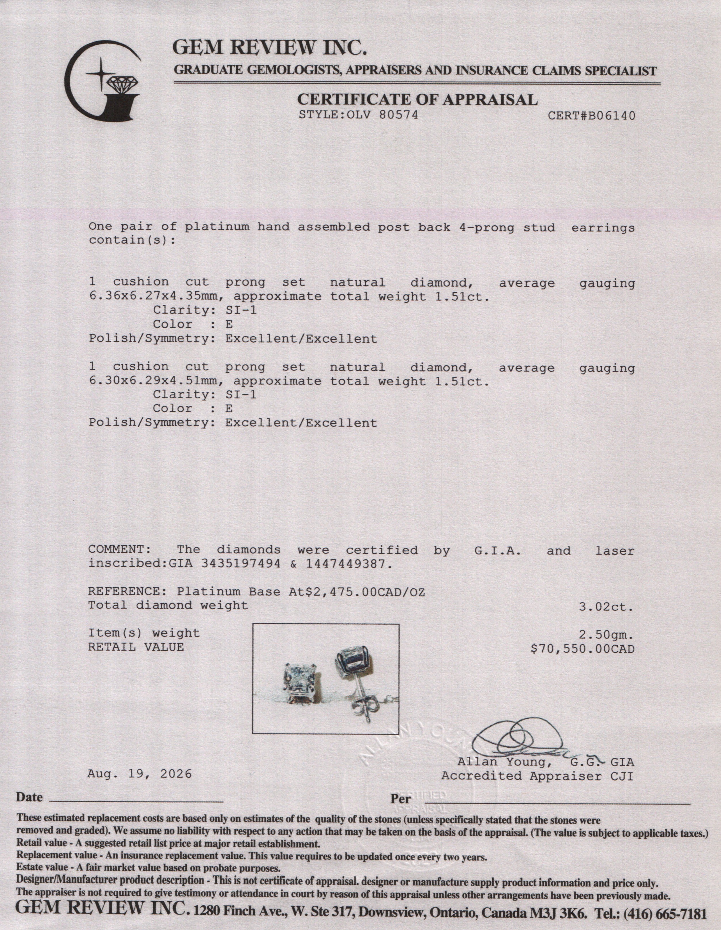 Platinum 3.02 tcw. Cushion Cut Diamond Stud Earrings w/ GIA Certificate