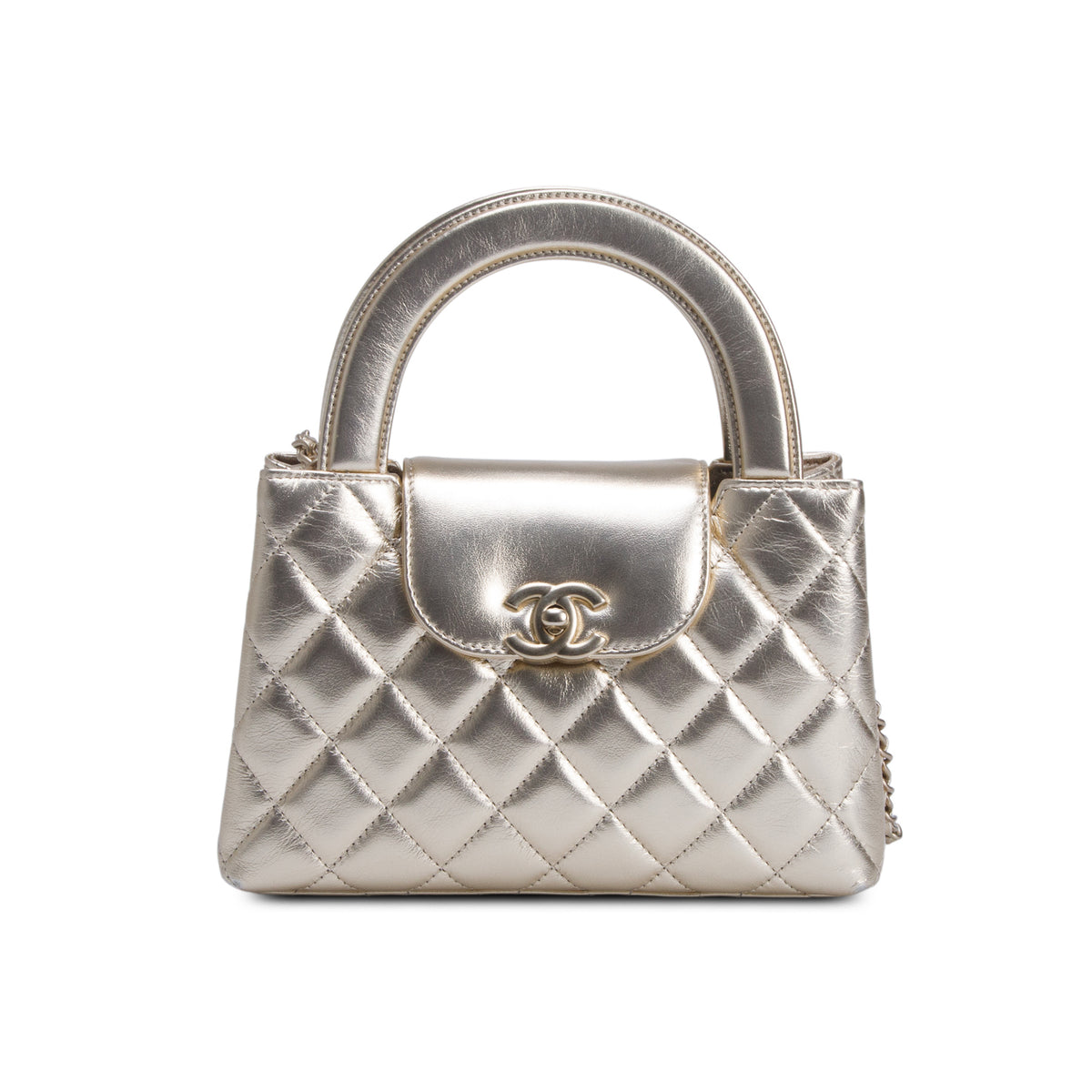 Chanel Gold Metallic Shiny Aged Calfskin Quilted Nano Kelly Shopper