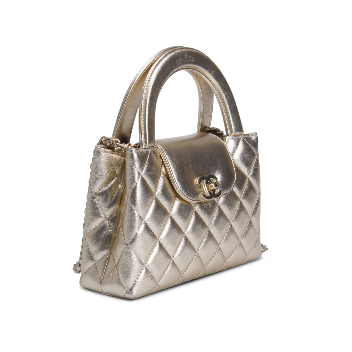 Chanel Gold Metallic Shiny Aged Calfskin Quilted Nano Kelly Shopper