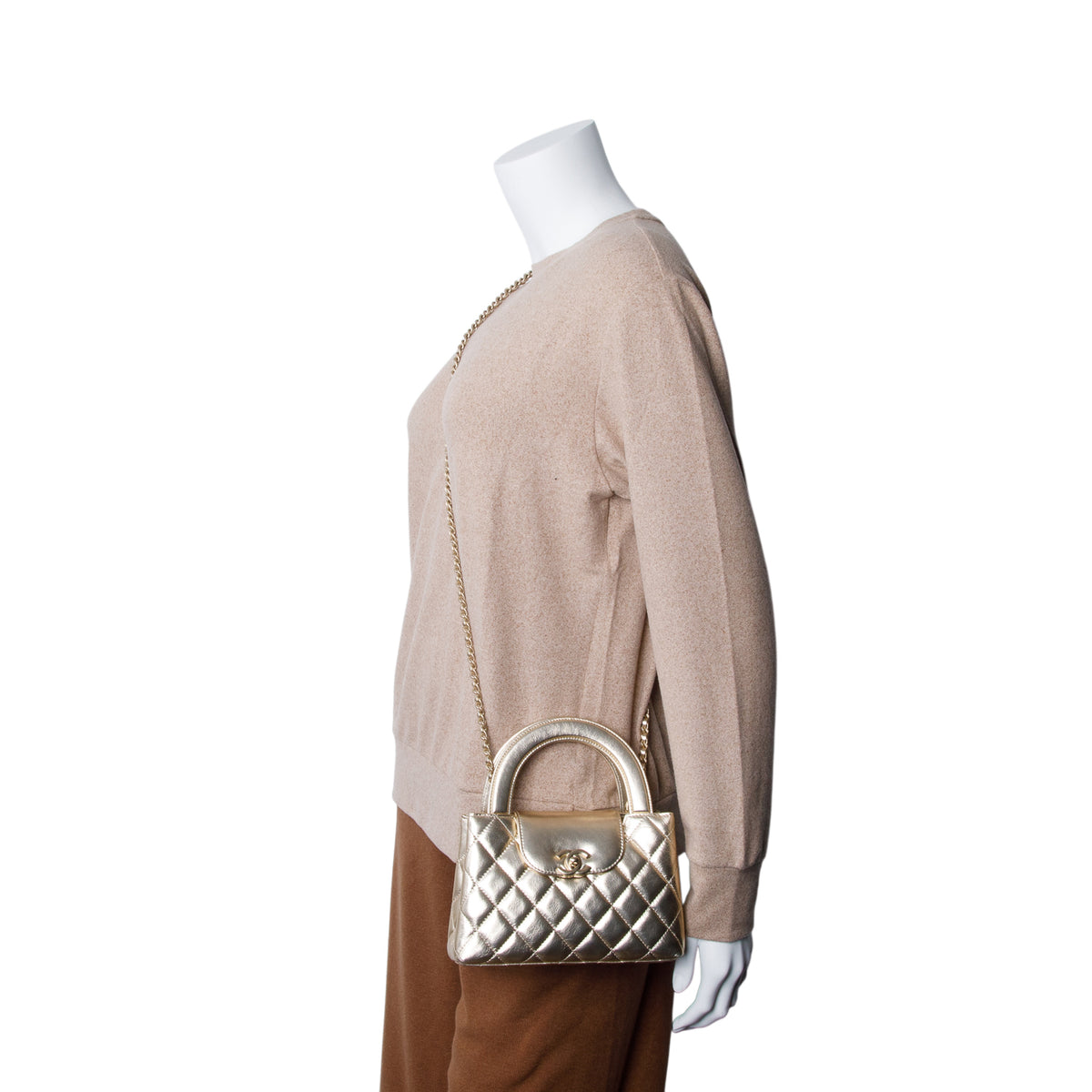 Chanel Gold Metallic Shiny Aged Calfskin Quilted Nano Kelly Shopper