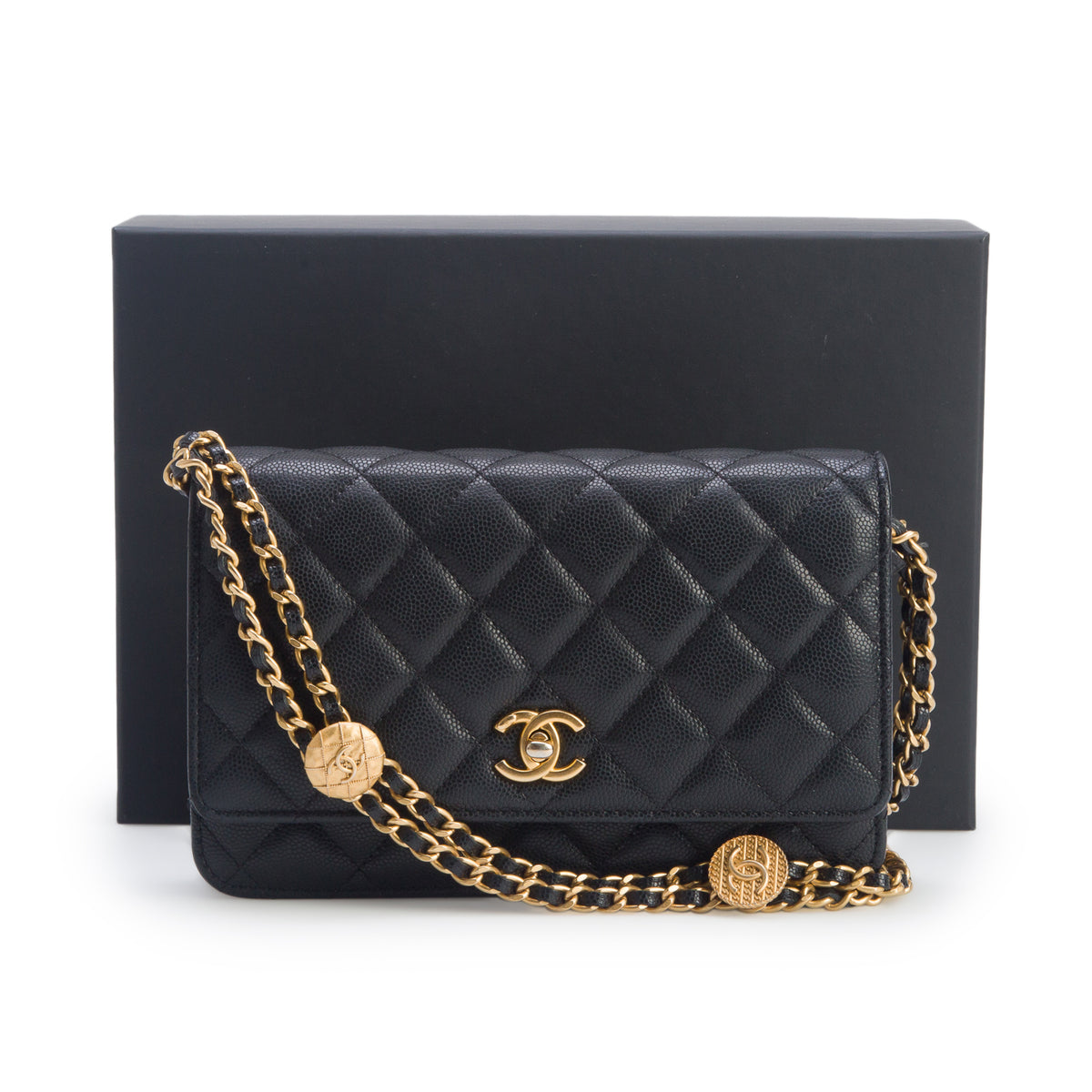 Chanel Black Caviar Quilted Medallion Wallet on Chain w/ Box