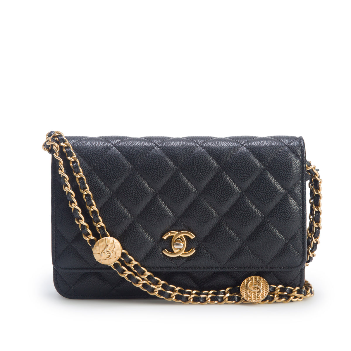 Chanel Black Caviar Quilted Medallion Wallet on Chain w/ Box