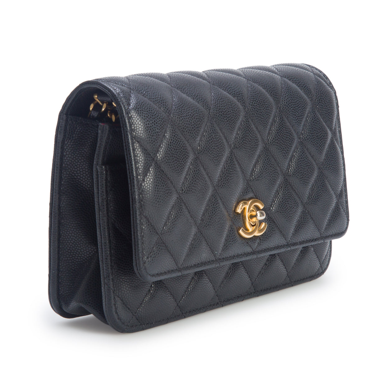 Chanel Black Caviar Quilted Medallion Wallet on Chain w/ Box