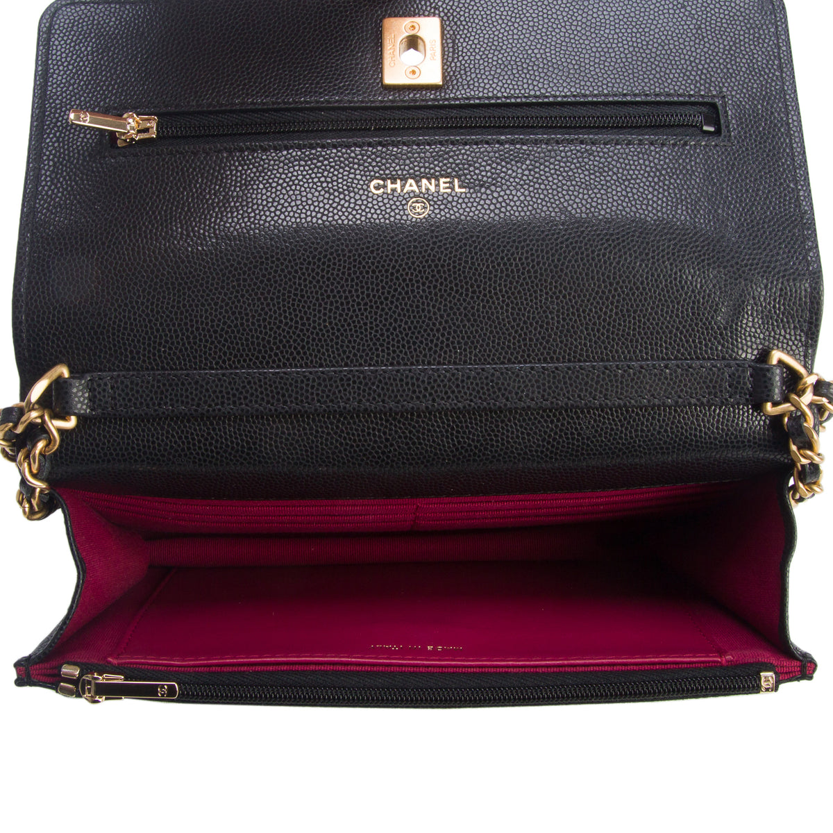 Chanel Black Caviar Quilted Medallion Wallet on Chain w/ Box