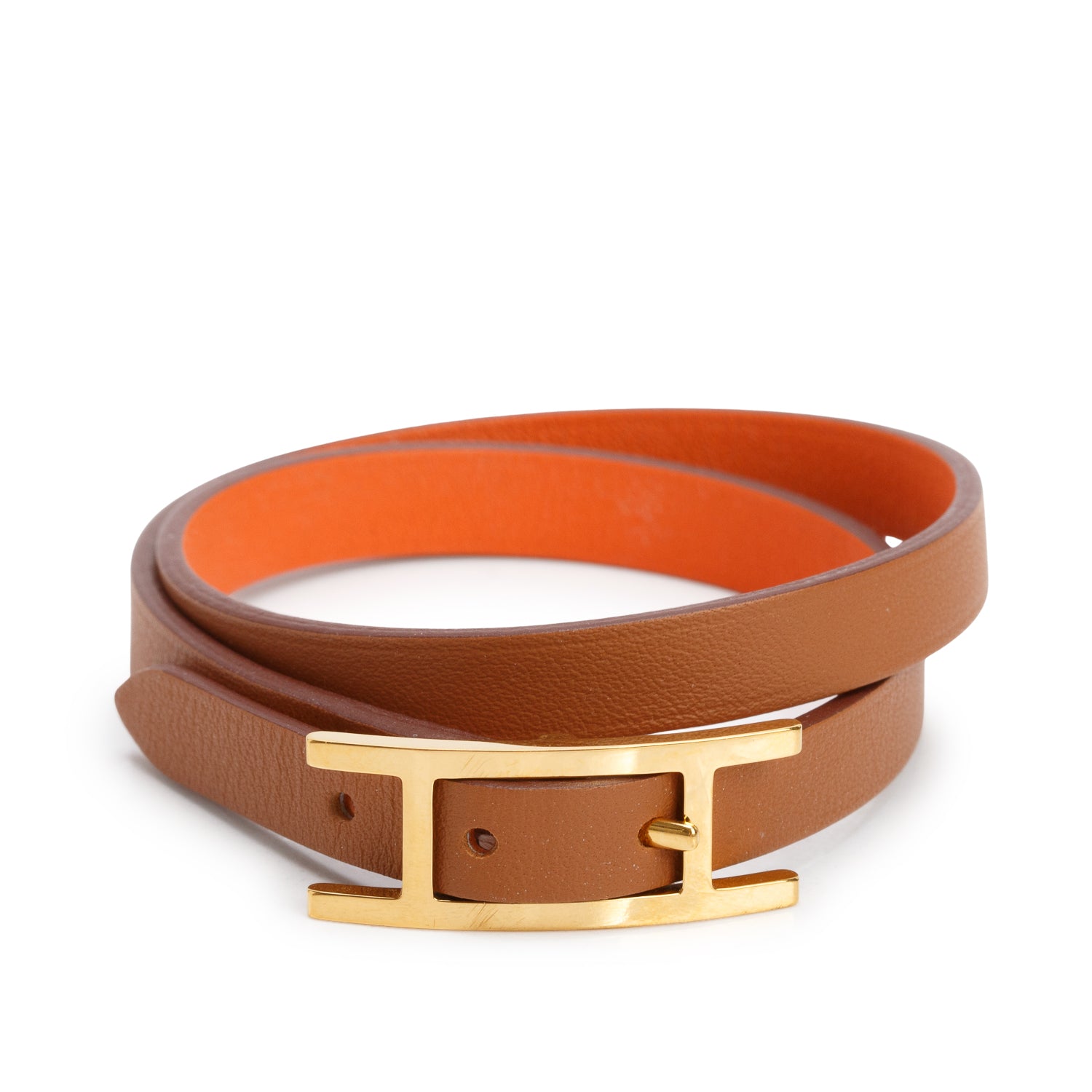 Hermes Gold Plated Tan Leather Behapi Double Tour Bracelet