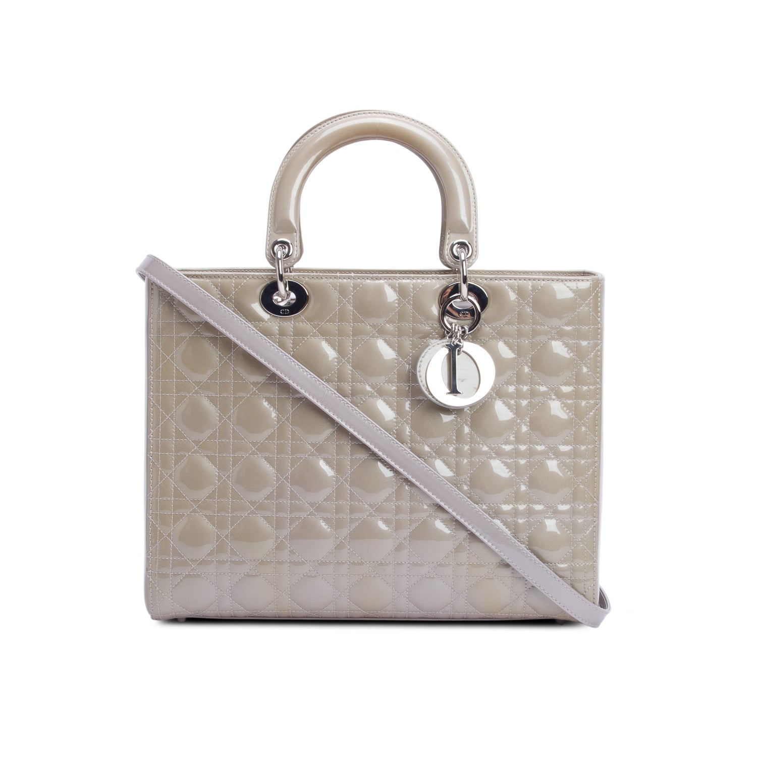 Christian Dior Beige Cannage Patent Leather Large Lady Dior w/ Authenticity Card & Strap