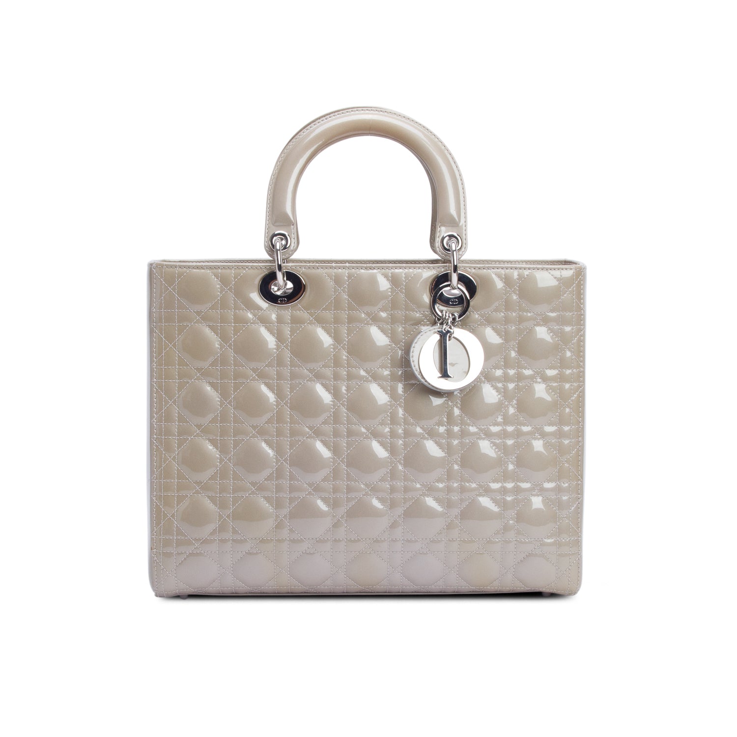 Christian Dior Beige Cannage Patent Leather Large Lady Dior w/ Authenticity Card & Strap