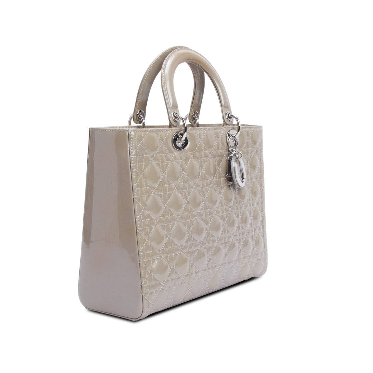 Christian Dior Beige Cannage Patent Leather Large Lady Dior w/ Authenticity Card & Strap