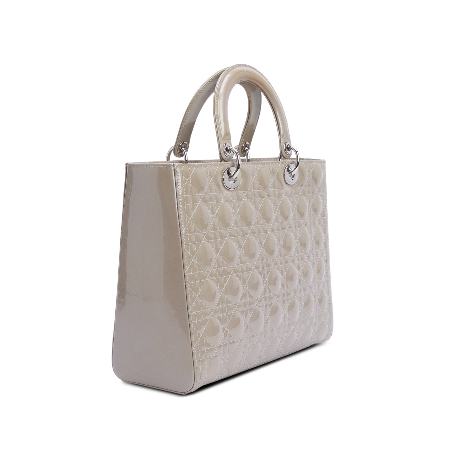 Christian Dior Beige Cannage Patent Leather Large Lady Dior w/ Authenticity Card & Strap