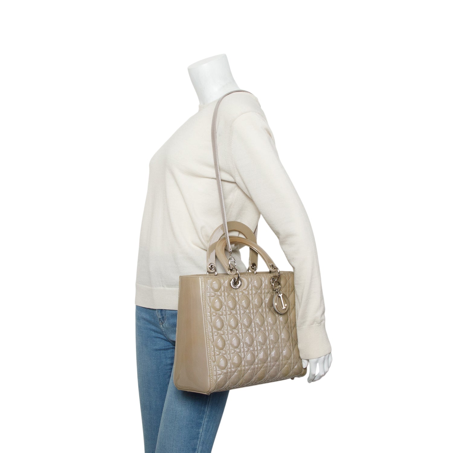 Christian Dior Beige Cannage Patent Leather Large Lady Dior w/ Authenticity Card & Strap