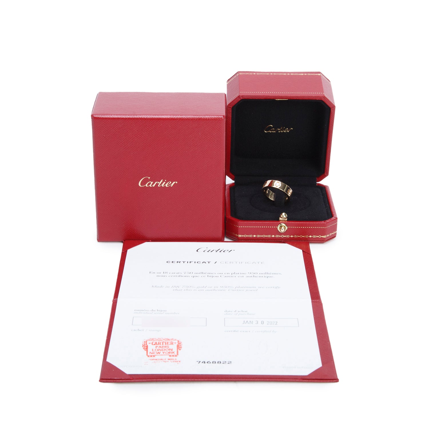 Cartier 2022 18k Yellow Gold 3 Diamond 5.5 MM Love Ring, Size 53 6.25 w/ Box & Certificate