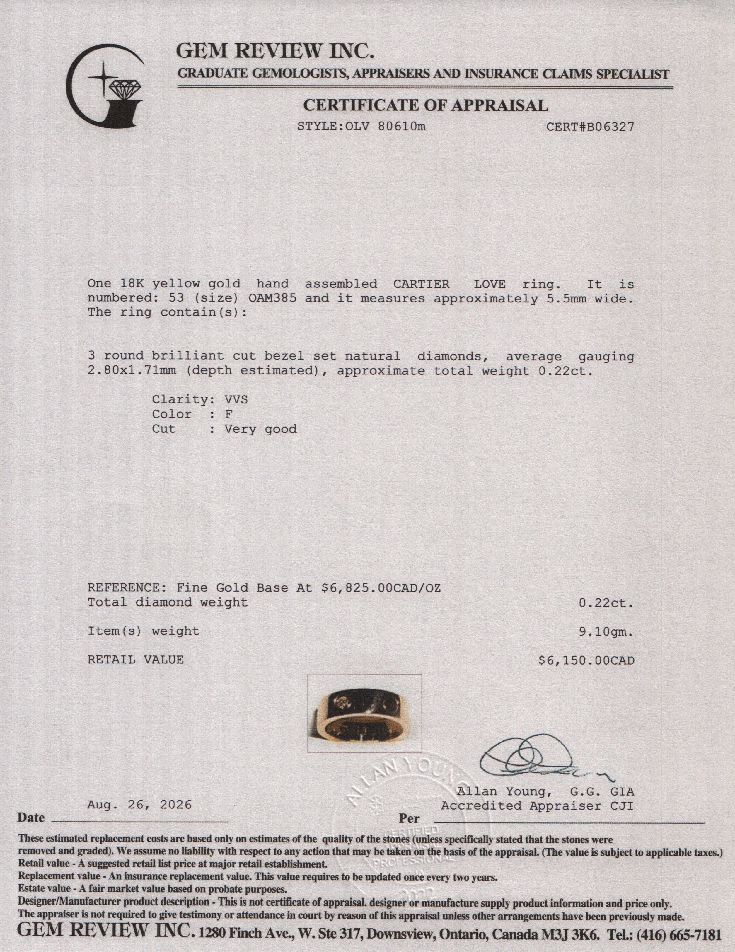 Cartier 2022 18k Yellow Gold 3 Diamond 5.5 MM Love Ring, Size 53 6.25 w/ Box & Certificate