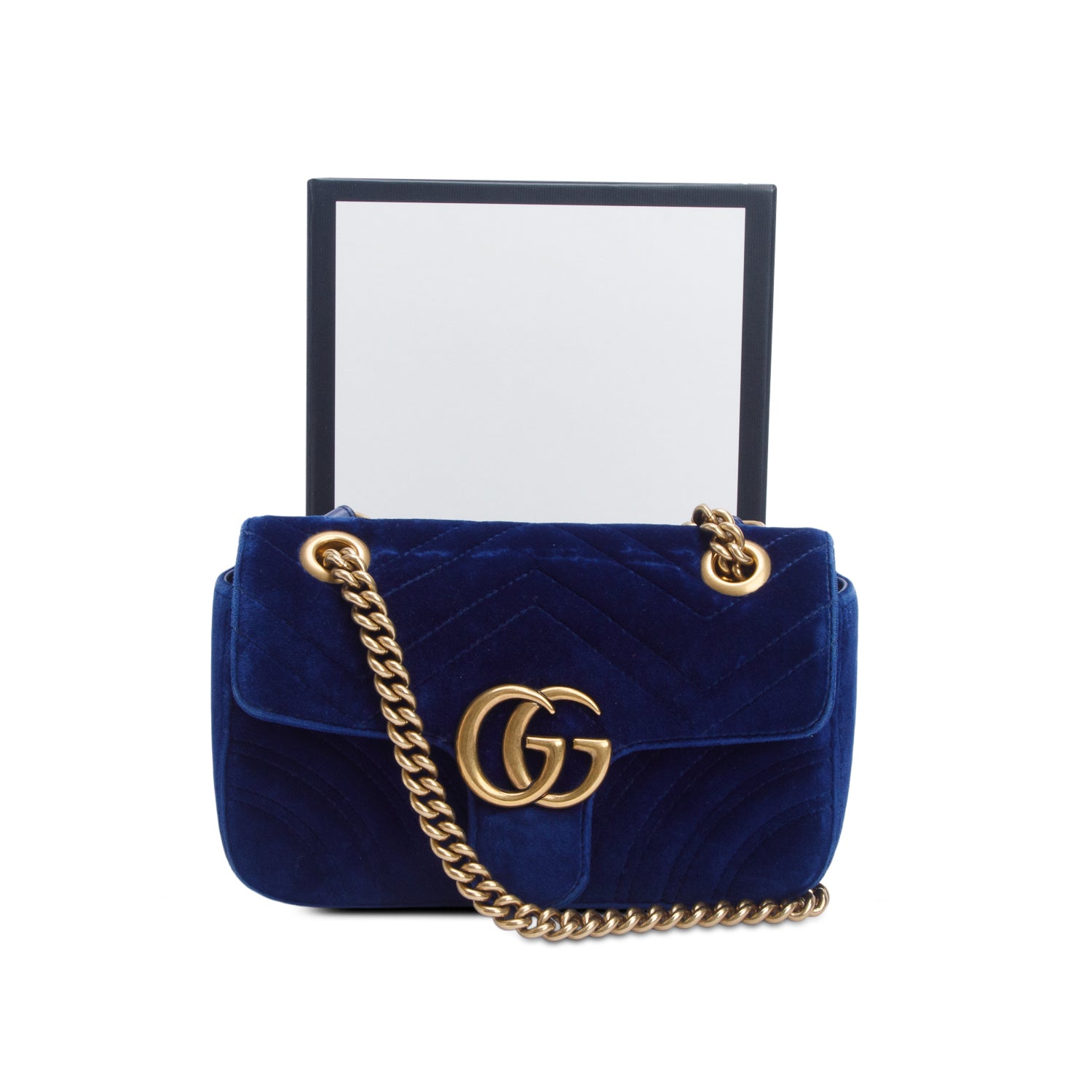 Gucci Blue Velvet Matelasse Small GG Marmont Shoulder Bag w/ Box