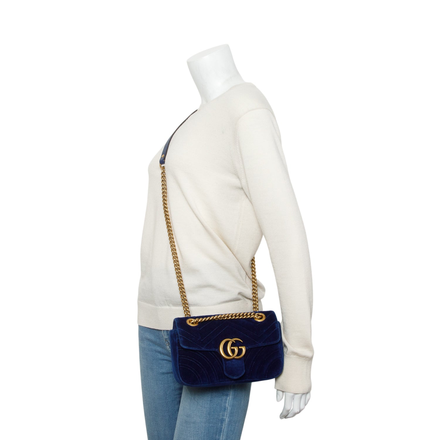 Gucci Blue Velvet Matelasse Small GG Marmont Shoulder Bag w/ Box