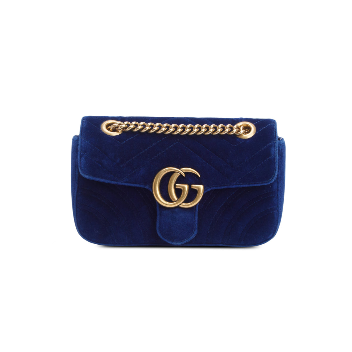 Gucci Blue Velvet Matelasse Small GG Marmont Shoulder Bag w/ Box