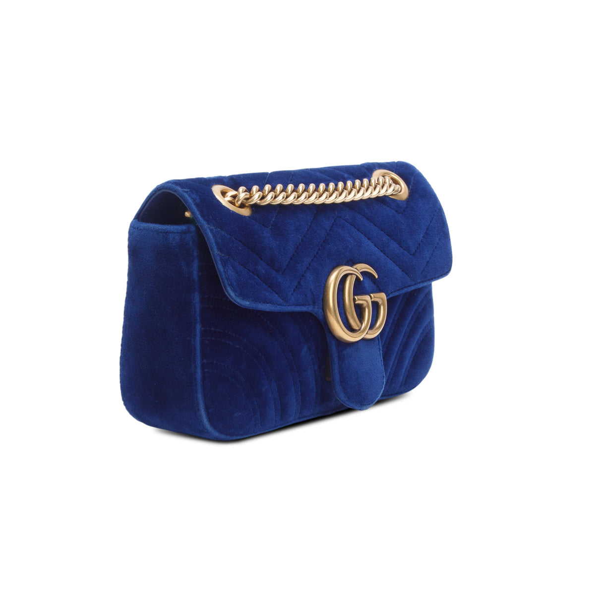 Gucci Blue Velvet Matelasse Small GG Marmont Shoulder Bag w/ Box