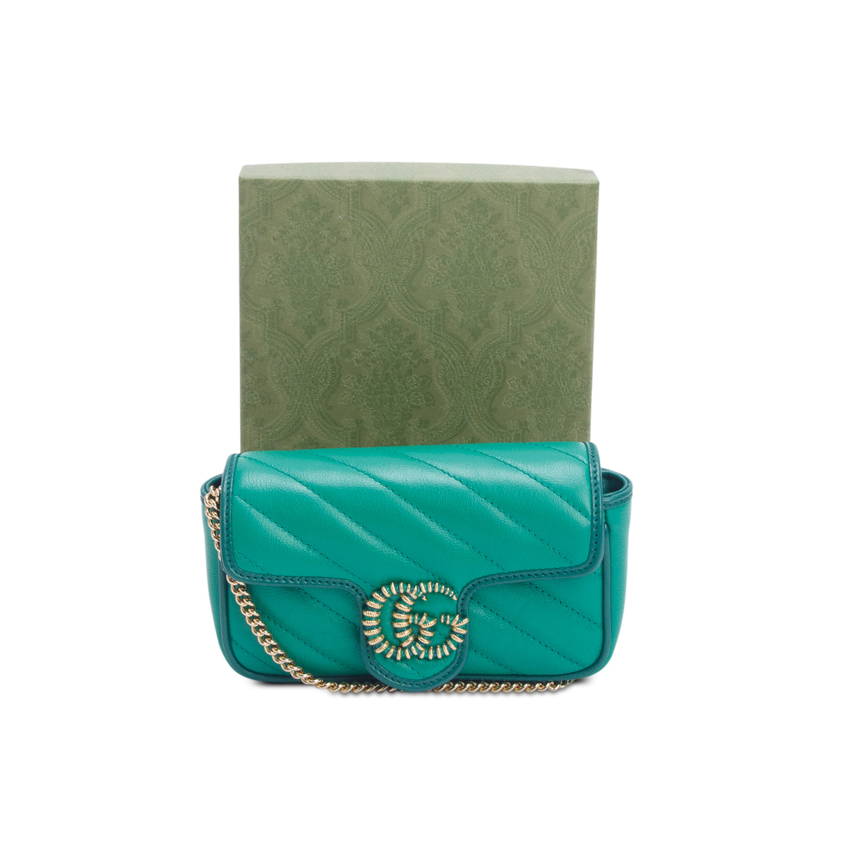 Gucci Green Azalea Calfskin Enamel Matelasse Diagonal Mini Torchon GG Marmont Shoulder Bag w/ Box