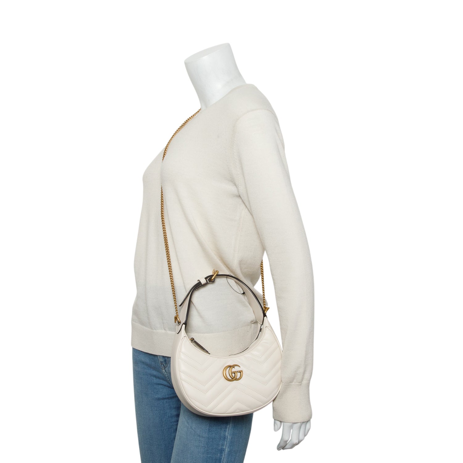 Gucci Cream Calfskin Matelasse Chevron Mini GG Marmont Half Moon Hobo w/ Strap