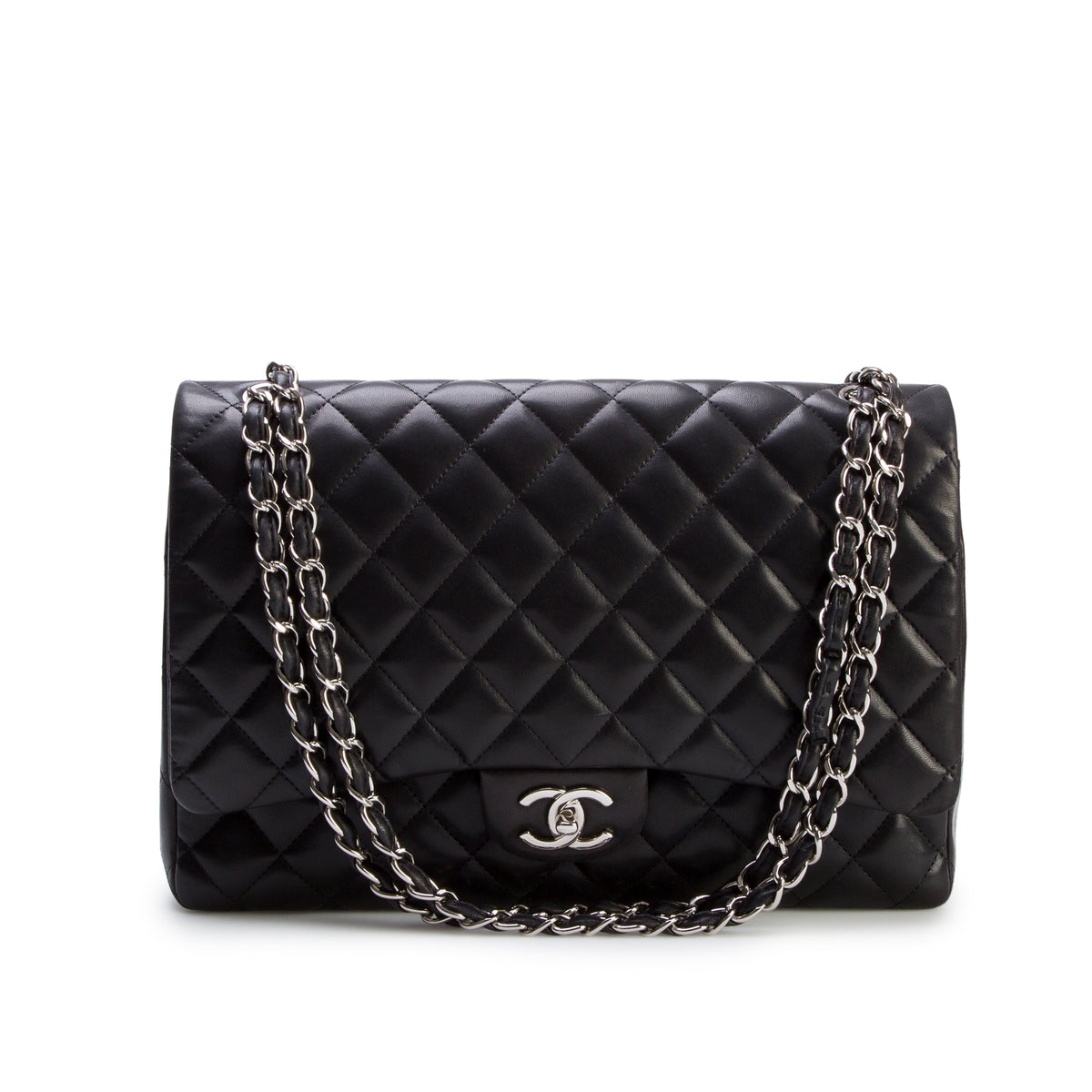 Chanel Black Quilted Lambskin Leather Classic Maxi Double Flap Bag w/ Authenticity Card & Receipt