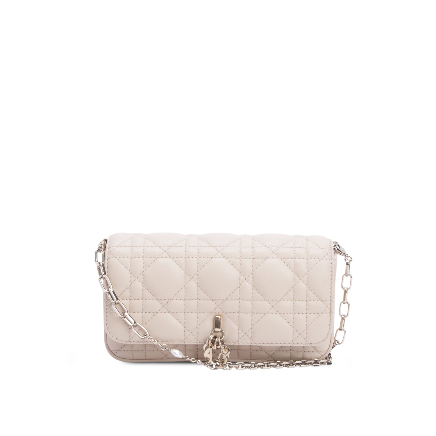 Christian Dior 2023 Beige Lambskin Cannage Dior Talk Phone Pouch w/ Box & Chain