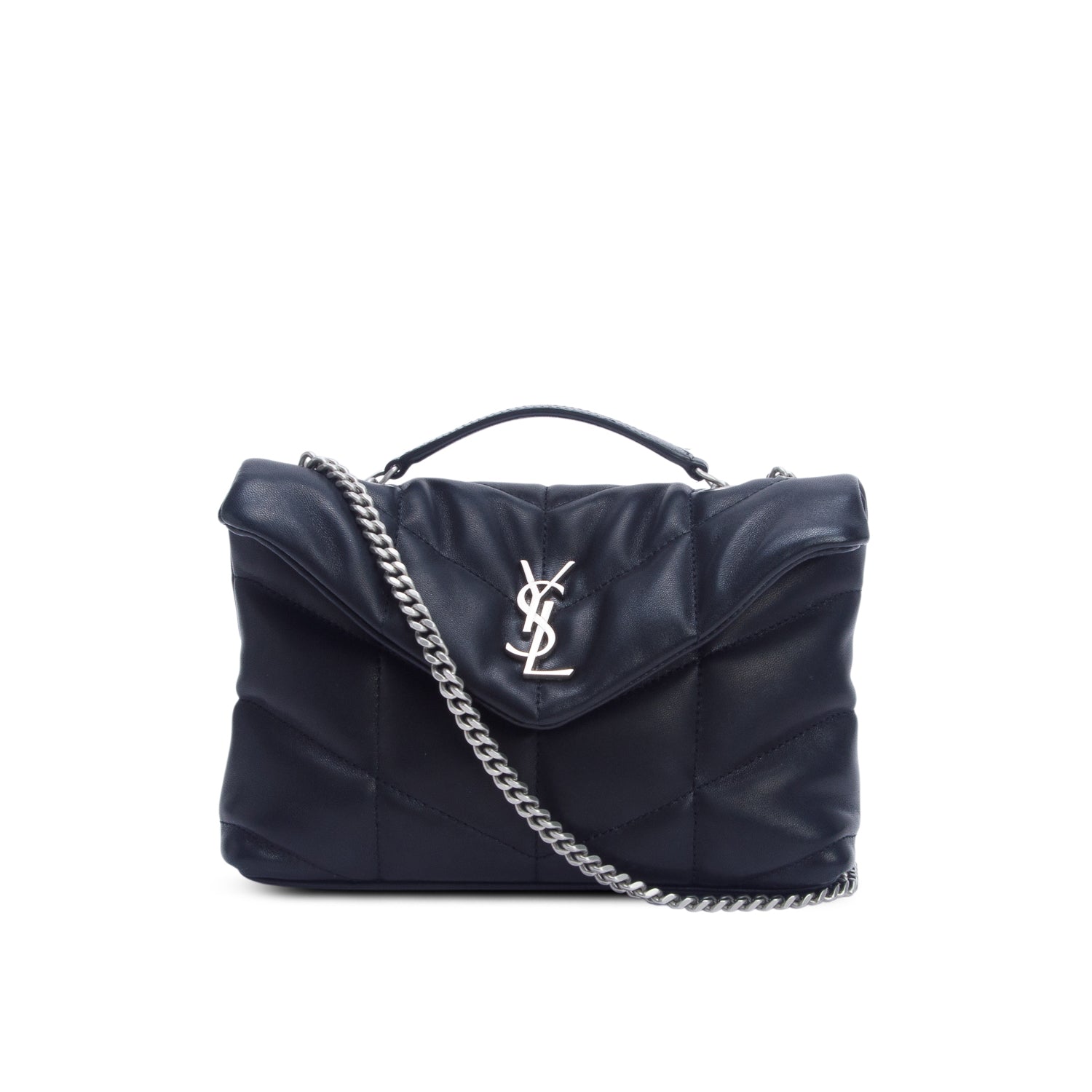 Saint Laurent 2025 Black Lambskin Quilted Toy Loulou Puffer Monogram Chain Satchel