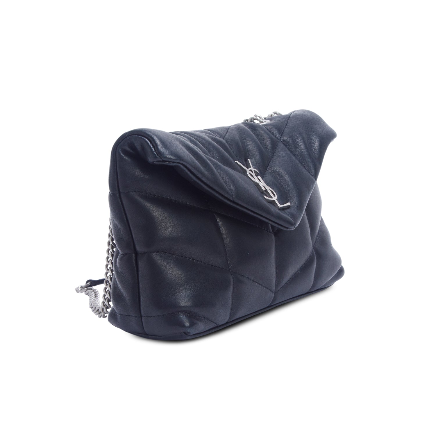 Saint Laurent 2025 Black Lambskin Quilted Toy Loulou Puffer Monogram Chain Satchel