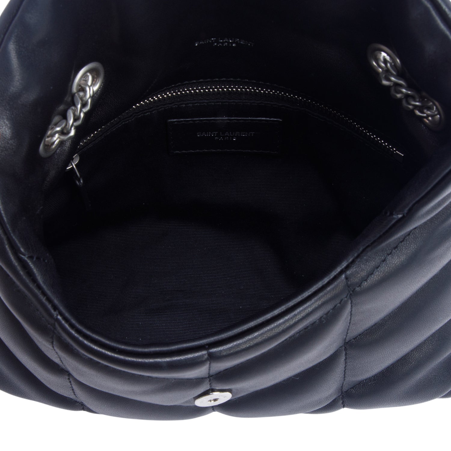 Saint Laurent 2025 Black Lambskin Quilted Toy Loulou Puffer Monogram Chain Satchel