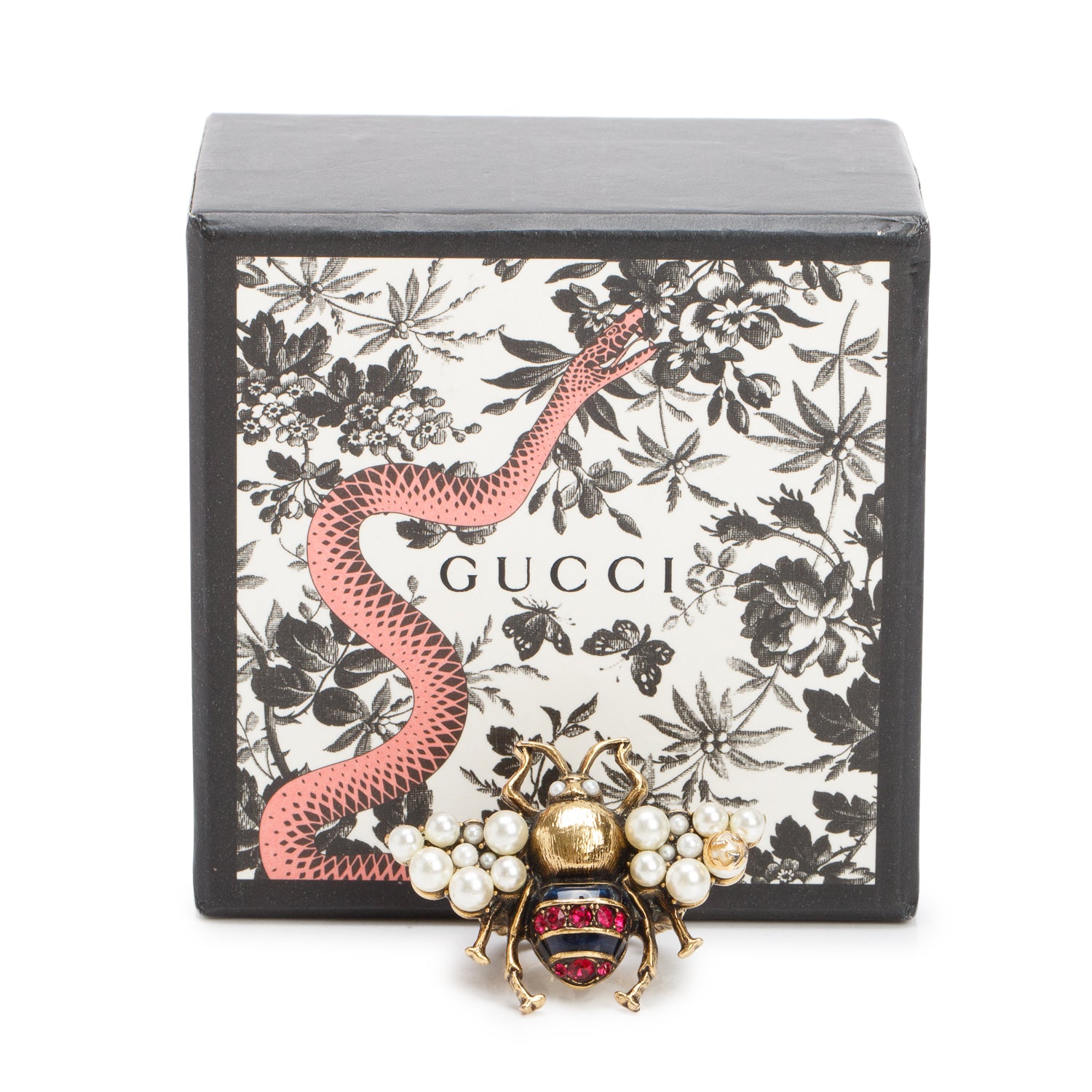 Gucci Gold-Tone Metal Faux Pearl, Enamel & Crystal Bee Cocktail Ring, Size 6 w/ Box