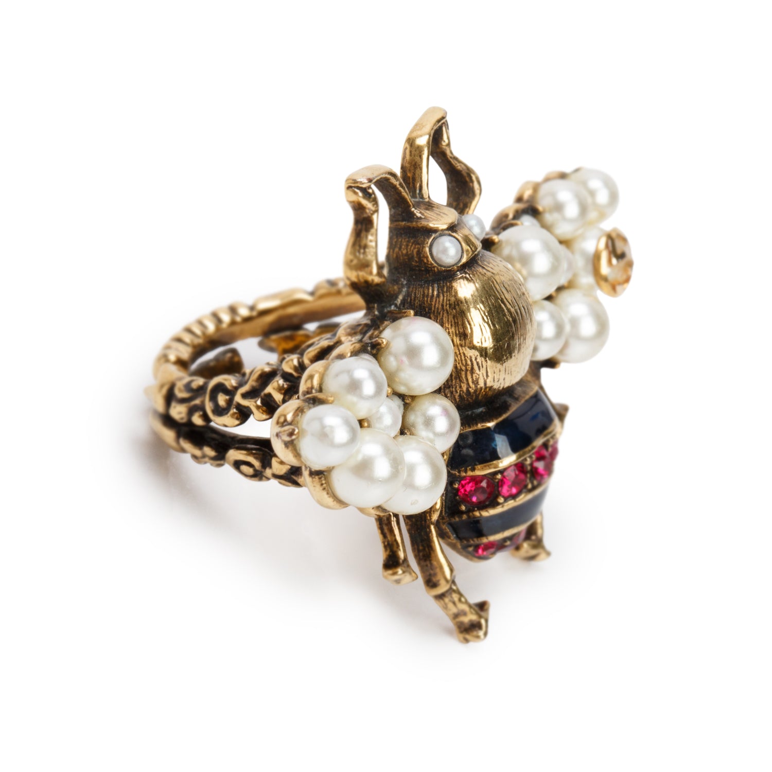 Gucci Gold-Tone Metal Faux Pearl, Enamel & Crystal Bee Cocktail Ring, Size 6 w/ Box