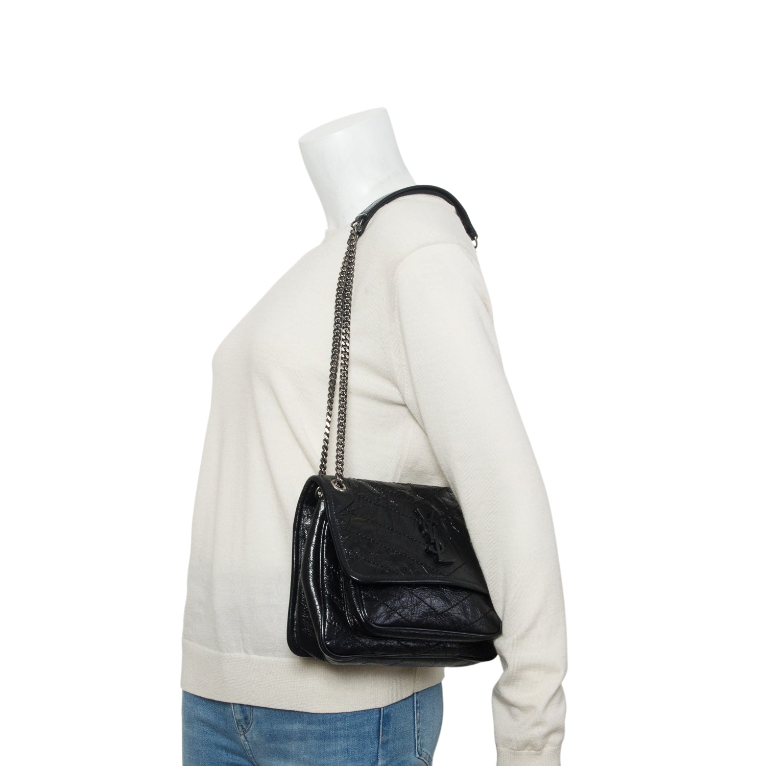Saint Laurent 2022 Black Crinkled Calfskin Matelasse Leather Baby Niki Shoulder Bag