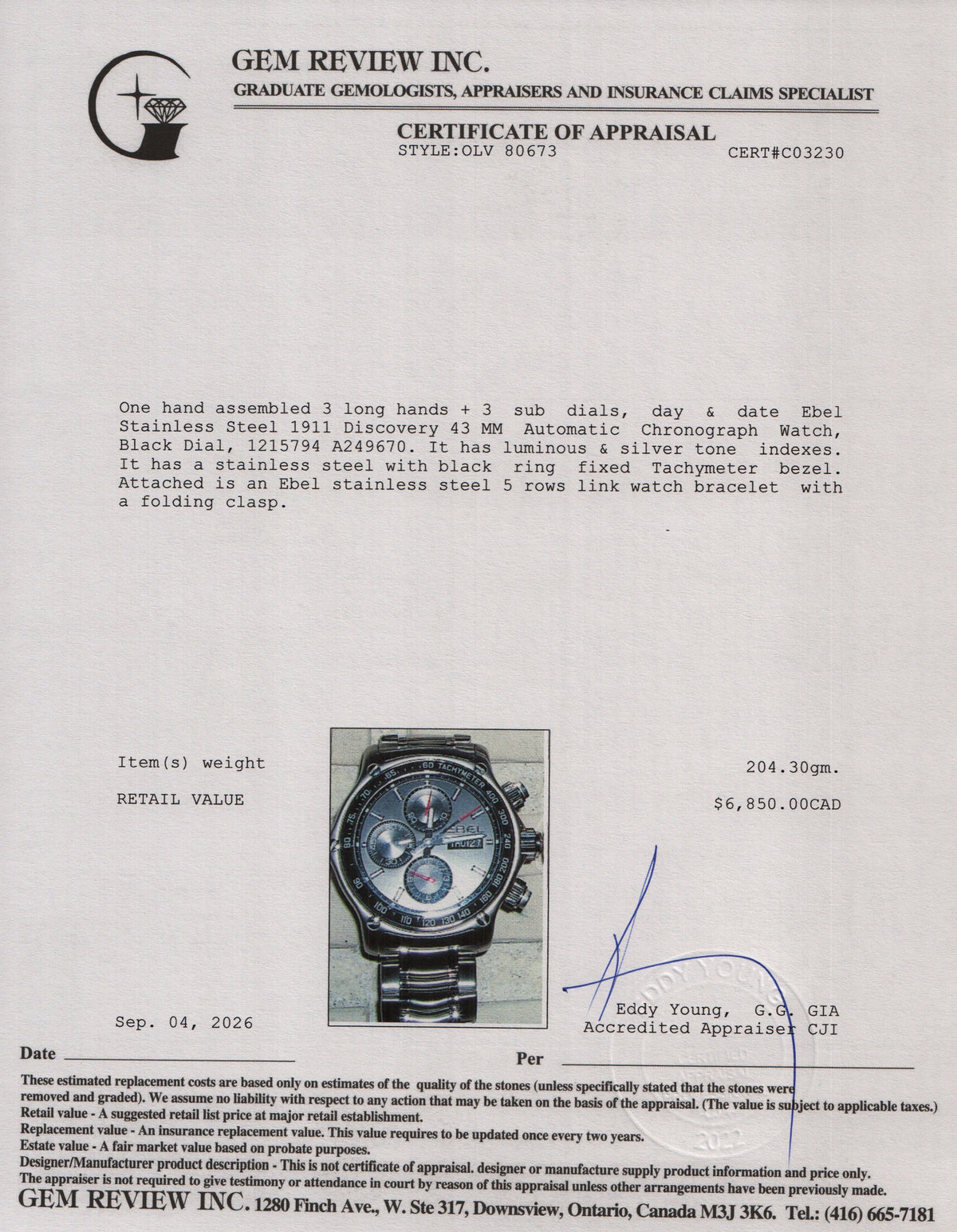 Ebel Stainless Steel 1911 Discovery 43 MM Automatic Chronograph Watch Black Dial 1215794 w/ Box