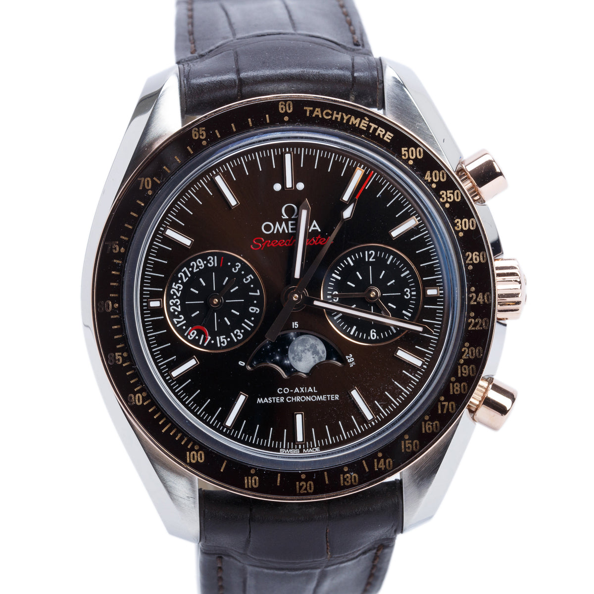Omega 2022 Stainless Steel & 18k Rose Gold Speedmaster Moonphase 44.25 Co-Axial Master Chronometer Automatic Chronograph Watch Brown Dial w/ Box & Papers