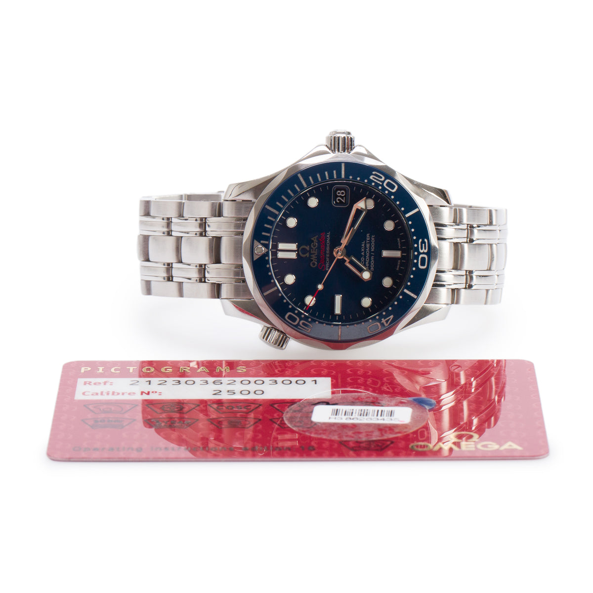 Omega Stainless Steel Seamaster Diver 300M 36 MM Co-Axial Chronometer Automatic Watch Blue Dial w/ Papers