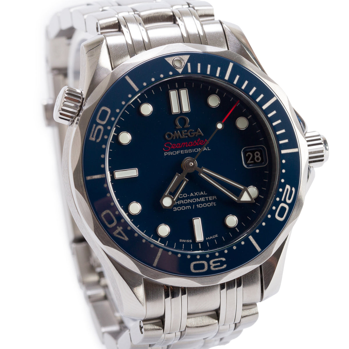 Omega Stainless Steel Seamaster Diver 300M 36 MM Co-Axial Chronometer Automatic Watch Blue Dial w/ Papers