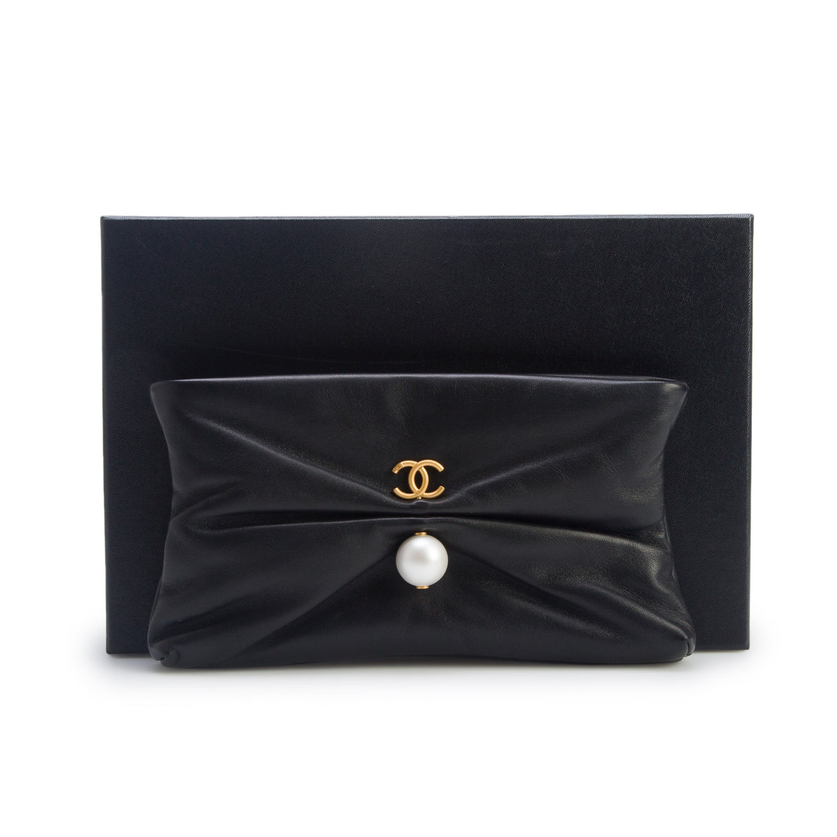 Chanel Black Shiny Lambskin Pearl Clutch w/ Box