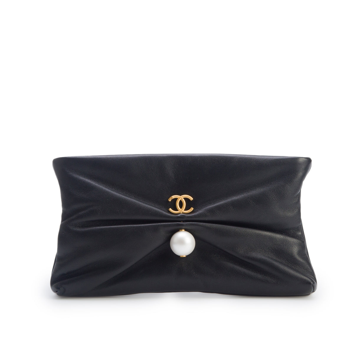 Chanel Black Shiny Lambskin Pearl Clutch w/ Box