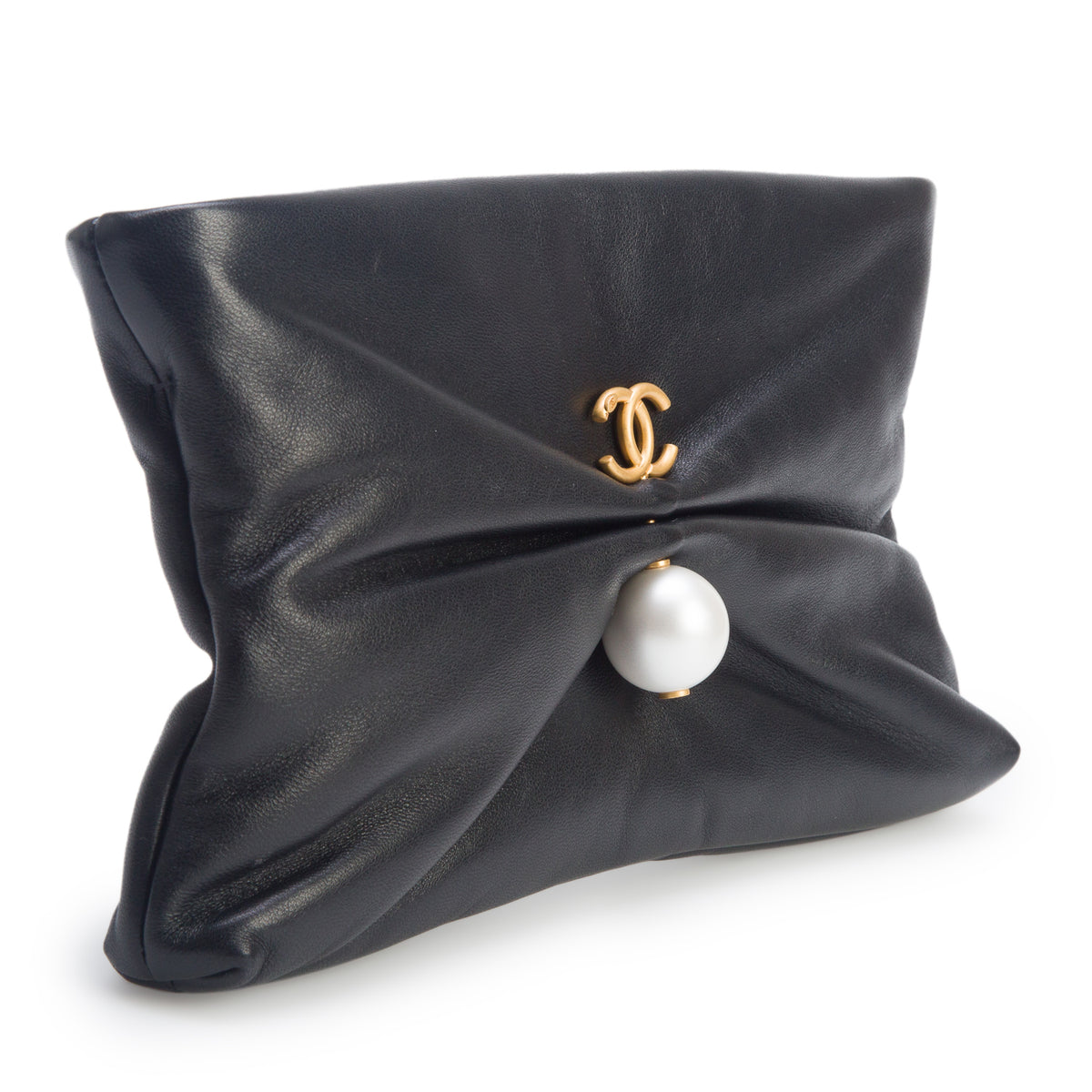 Chanel Black Shiny Lambskin Pearl Clutch w/ Box