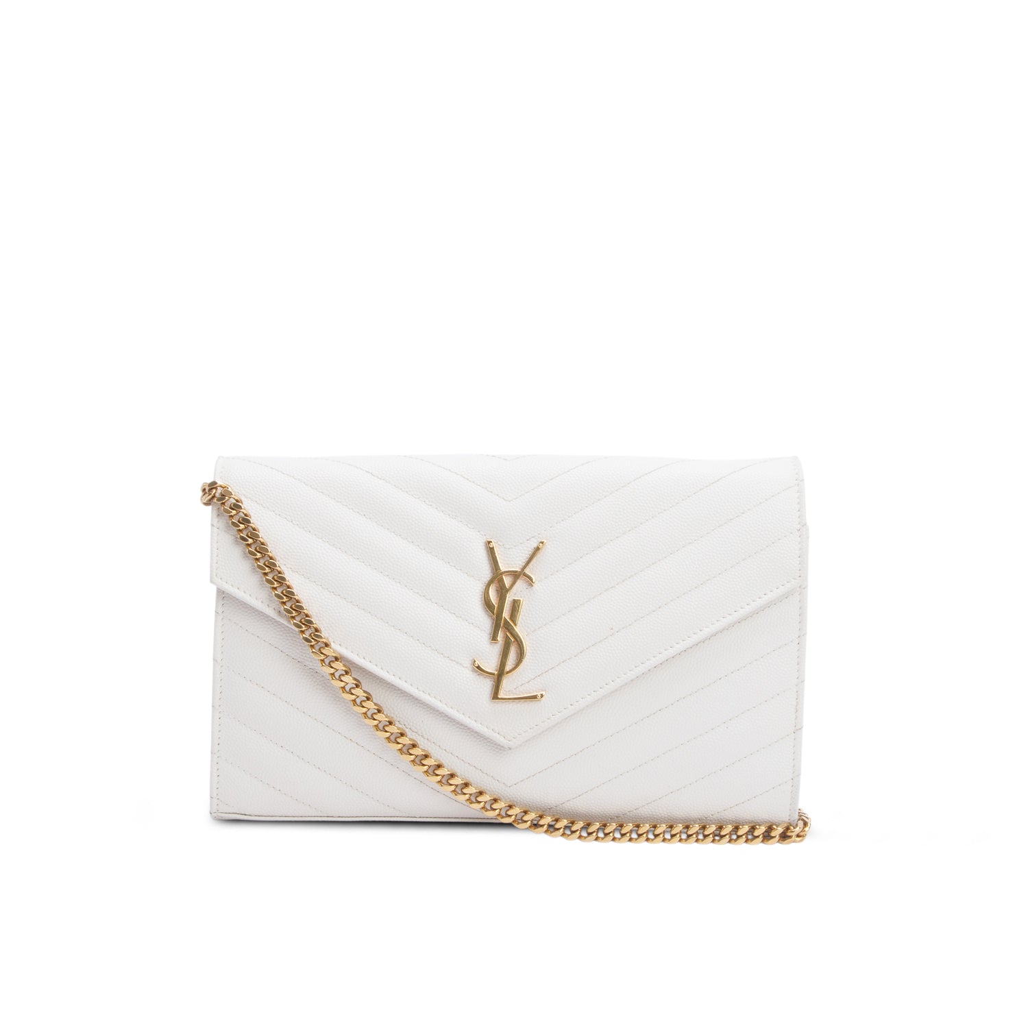 Saint Laurent 2024 Cream Grain De Poudre Chevron Cassandre Envelope Chain Wallet