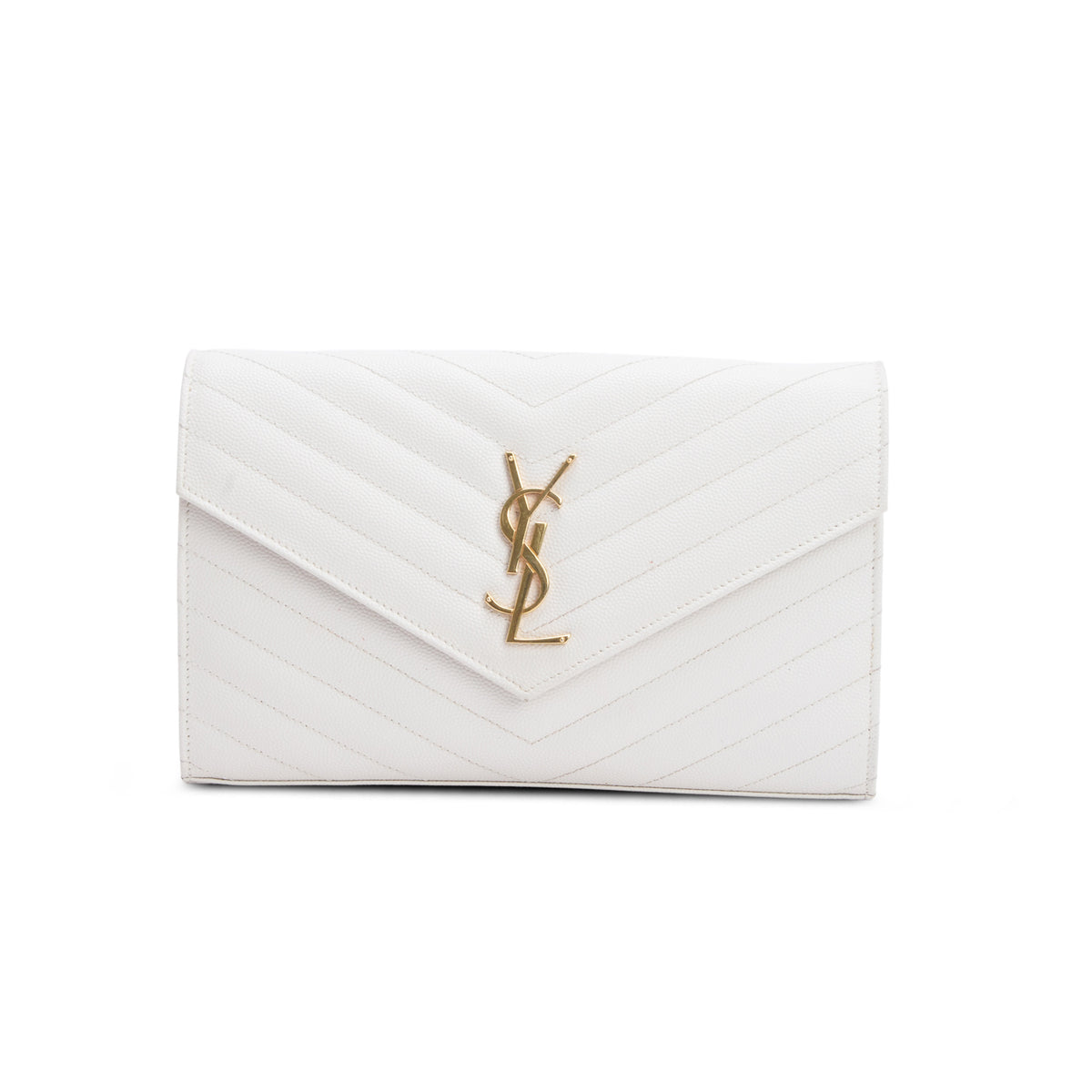 Saint Laurent 2024 Cream Grain De Poudre Chevron Cassandre Envelope Chain Wallet